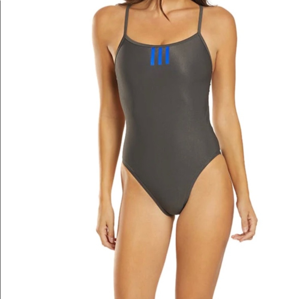 NWT Women’s adidas black swimsuit  blue Stripe